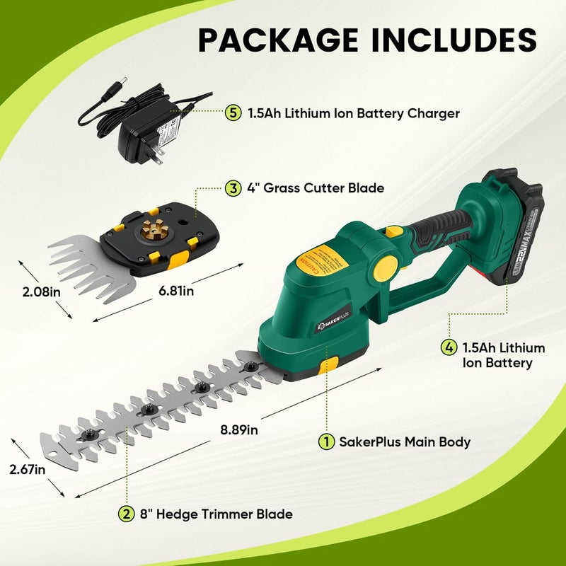 SakerPlus Cordless Hedge Trimmer, 2-in-1 Electric Bush Trimmer and Handheld Grass Cutter, 22V Lightweight Mini Shrub Trimmer Grass Clippers with 1 Battery and Charger, Perfect Gardening Yard Tools - Image 5